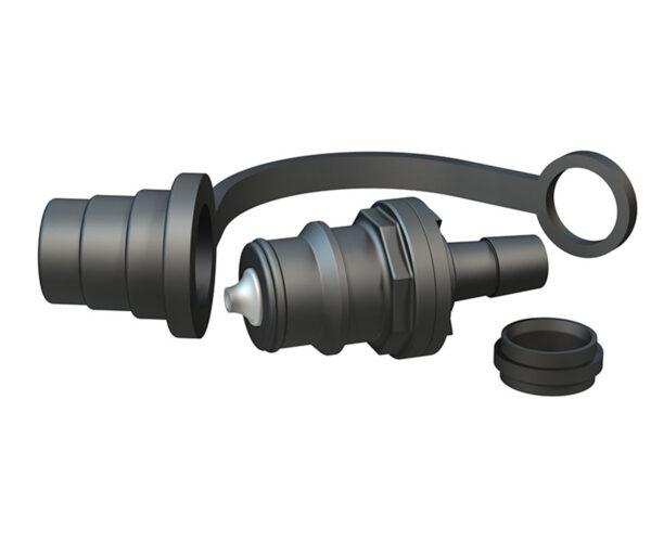 Flow-Rite Male Coupler, 3/8" Barb, valved - Image 1